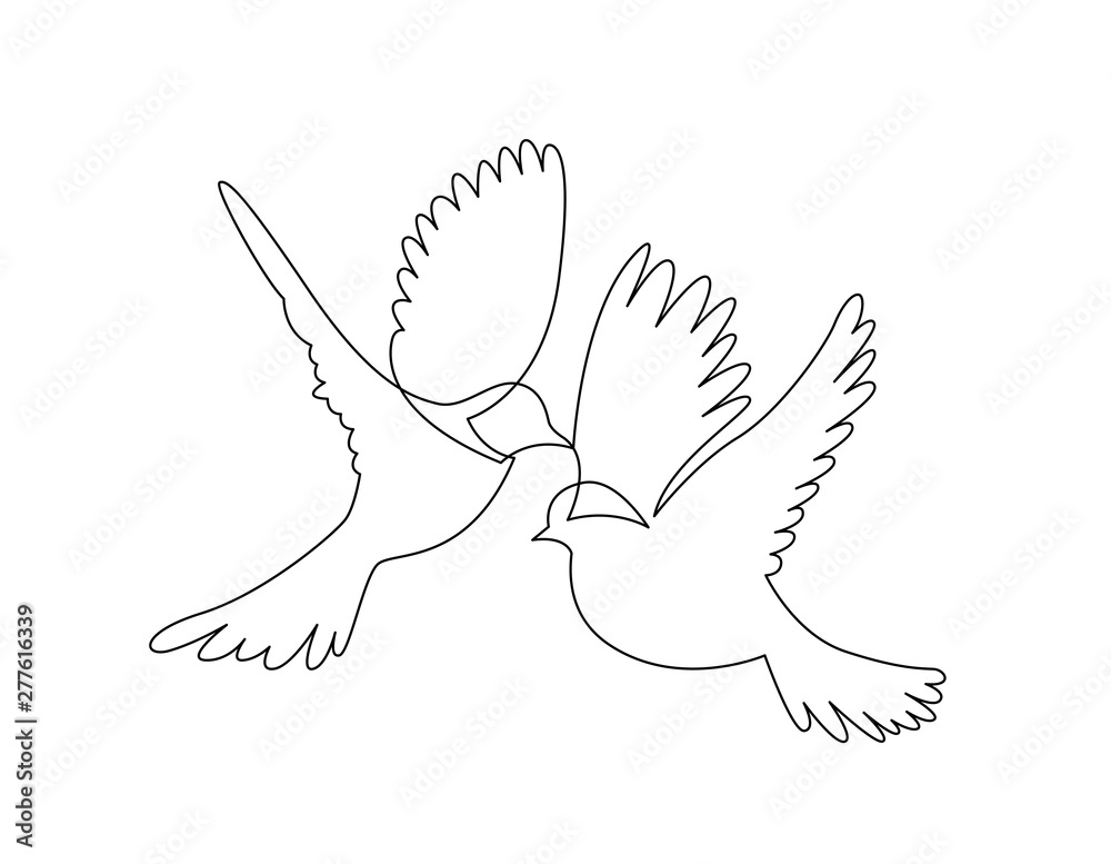 Fototapeta premium continuous line drawing of two flying sparrows