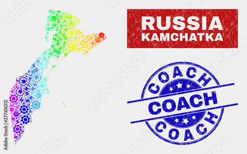 Assembly Kamchatka map and blue Coach scratched seal. Colorful gradiented vector Kamchatka map mosaic of repair elements. Blue rounded Coach seal.