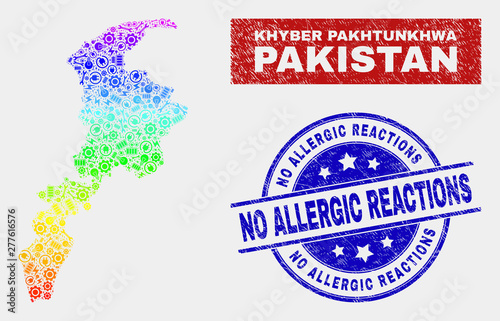 Factory Khyber Pakhtunkhwa Province map and blue No Allergic Reactions distress watermark. Rainbow colored gradiented vector Khyber Pakhtunkhwa Province map mosaic of tools.