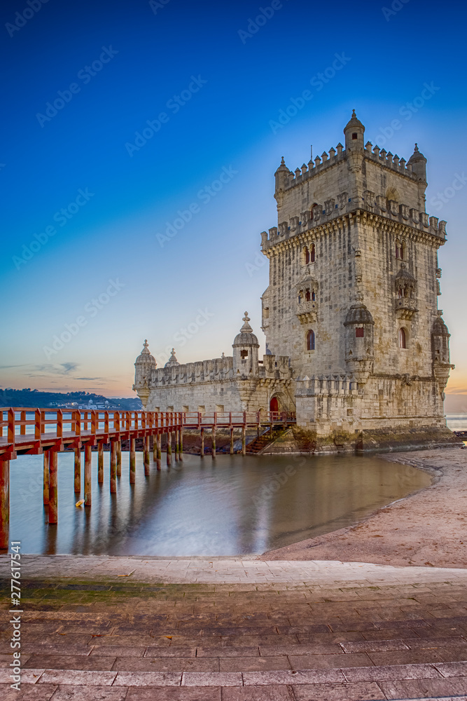 Famous Tourist Destinations. Belem Tower on Tagus River in Lisbon at Blue Hour, Portugal