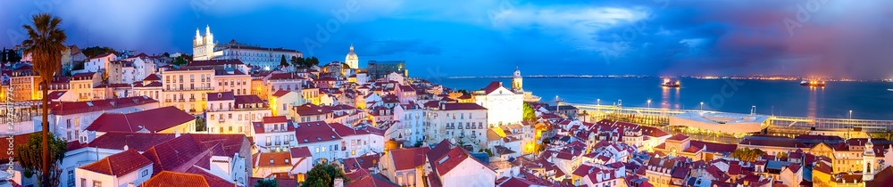 Panoramic Image of The Oldest Alfama District in Lisbon in Portugal. Townscape Scenery Was Made During a Blur Hour