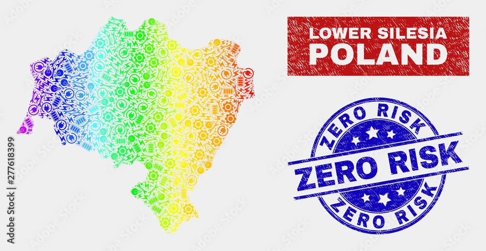 Production Lower Silesia Province map and blue Zero Risk textured seal. Rainbow colored gradiented vector Lower Silesia Province map mosaic of production elements. Blue rounded Zero Risk seal.