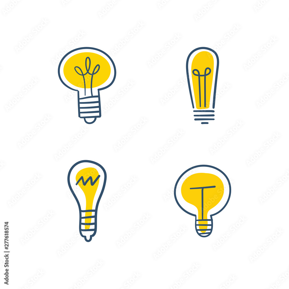 Hand drawn light bulbs, idea icons doodle collection Hand drawn light bulbs, idea icons doodle collection