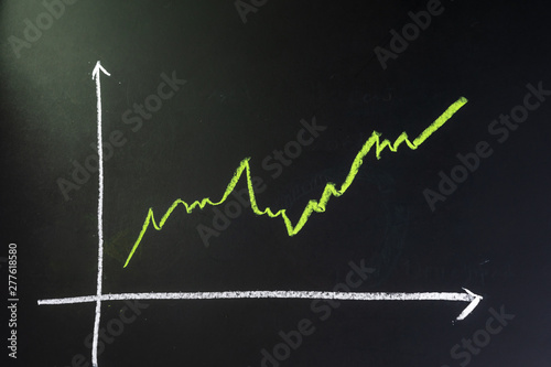 Stock and investment growth, dark black blackboard with chalk drawing green line as stock return growth graph with copy space