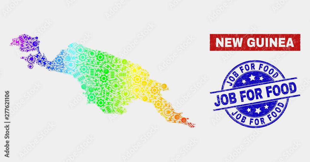 Naklejka premium Industrial New Guinea map and blue Job for Food grunge seal stamp. Spectral gradient vector New Guinea map mosaic of mechanics. Blue round Job for Food stamp.