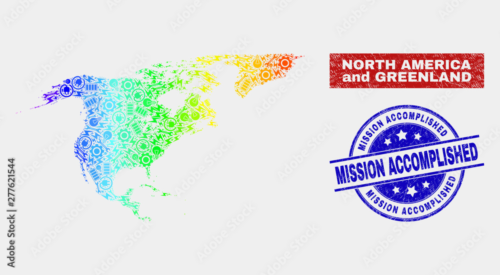 Component North America and Greenland map and blue Mission Accomplished textured seal. Rainbow colored gradiented vector North America and Greenland map mosaic of repair.