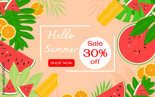 Orange slice, watermelon piece, tropical leaves and popsicle. Summer sale banner template. Flat design vector illustration.