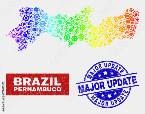 Constructor Pernambuco State map and blue Major Update grunge seal. Spectrum gradient vector Pernambuco State map mosaic of mechanics components. Blue round Major Update seal.