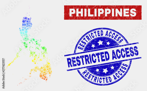 Assemble Philippines map and blue Restricted Access grunge seal. Spectral gradient vector Philippines map mosaic of mechanics components. Blue round Restricted Access seal.