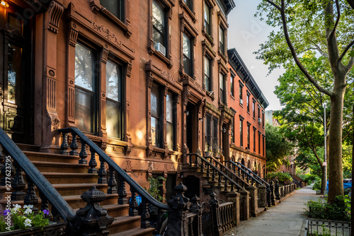 Scenic view of a classic Brooklyn brownstone block with a long facade and ornate stoop balustrades on a summer day in Clinton Hills, Brooklyn © auseklis