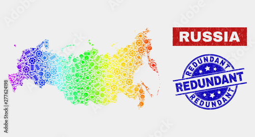 Construction Russia map and blue Redundant distress seal stamp. Spectrum gradiented vector Russia map mosaic of repair items. Blue round Redundant stamp.