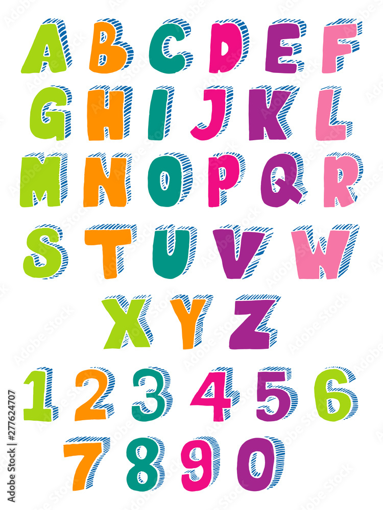 Hand-drawn 3D font and numbers. uppercase letters. the doodle alphabet for children's themes Hand-drawn 3D font and numbers. uppercase letters. the doodle alphabet for children's themes