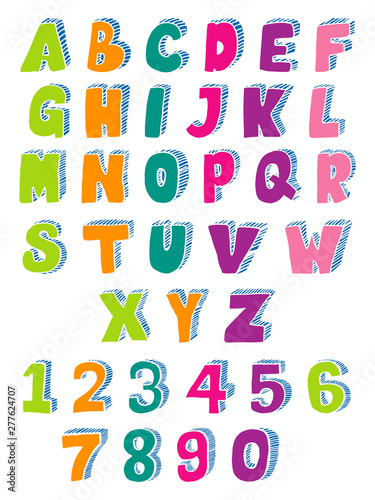 Hand-drawn 3D font and numbers. uppercase letters. the doodle alphabet for children s themes