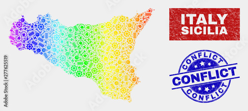 Tools Sicilia map and blue Conflict distress seal. Colorful gradiented vector Sicilia map mosaic of productivity. Blue rounded Conflict badge.