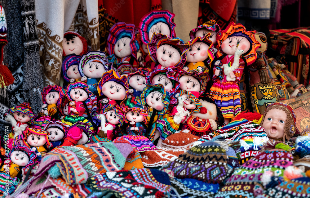 Andean Peruvian fabric dolls at Pisac market in the Sacred Valley of the incas, Cusco, Peru.