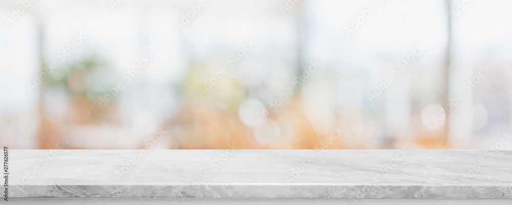 Empty white marble stone table top on blurred with bokeh cafe and ...