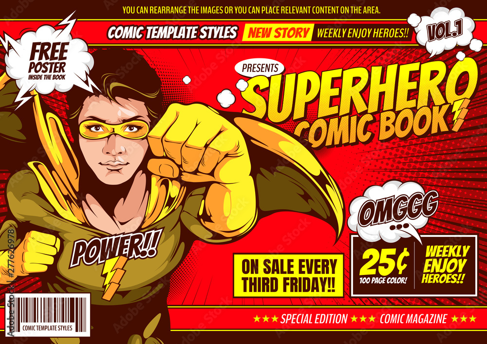 Obraz premium Superhero comic cover template background, flyer brochure speech bubbles, doodle art, Vector illustration, you can place relevant content on the area.