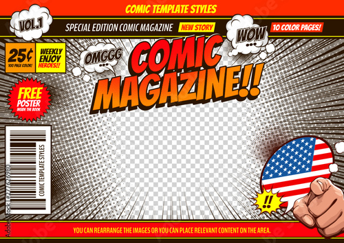 comic cover template background, flyer brochure speech bubbles, doodle art, Vector illustration, you can place relevant content on the area. photo