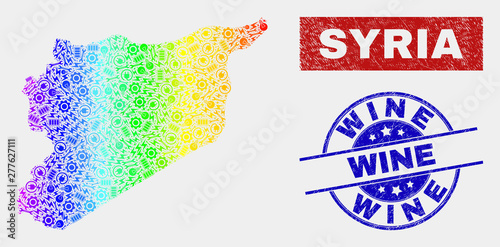 Assembly Syria map and blue Wine distress stamp. Spectrum gradient vector Syria map mosaic of machinery parts. Blue round Wine stamp.