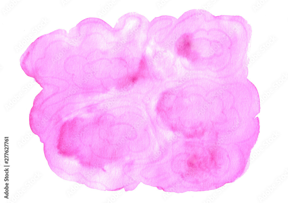 Abstract pink watercolor blot on a white background. Pink cloud. Hand drawn. Color illustration with space for text and image. Use for card, text, logo, tag	