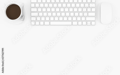 Office desk with keyboard, mouse, and coffee cup top view on white background, workspace design illustration 3D rendering