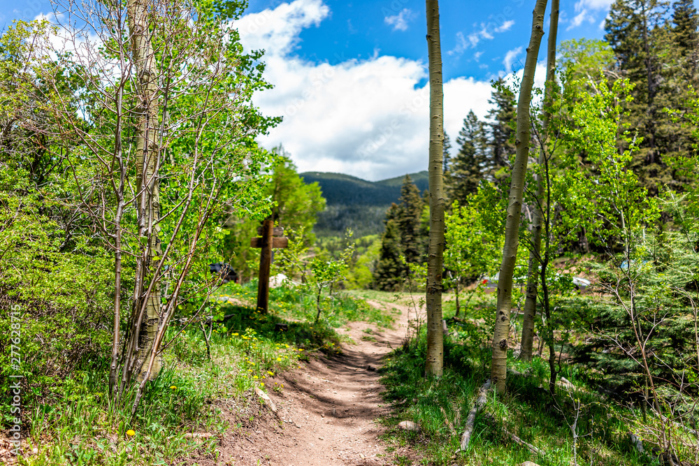 Obraz premium Santa Fe National Forest park trail with sign entrance at trailhead Sangre de Cristo mountains and green aspen trees by parking lot