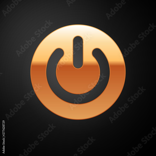 Gold Power button icon isolated on black background. Start sign. Flat design. Vector Illustration