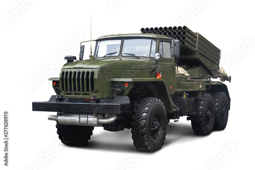 Soviet Multiple Rocket Launcher BM-21 Grad 122 mm mounted on chassis of truck Ural-375D. Isolated on white background