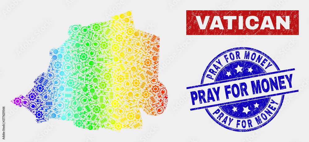 Service Vatican map and blue Pray for Money scratched seal stamp. Rainbow colored gradient vector Vatican map mosaic of equipment units. Blue rounded Pray for Money stamp.