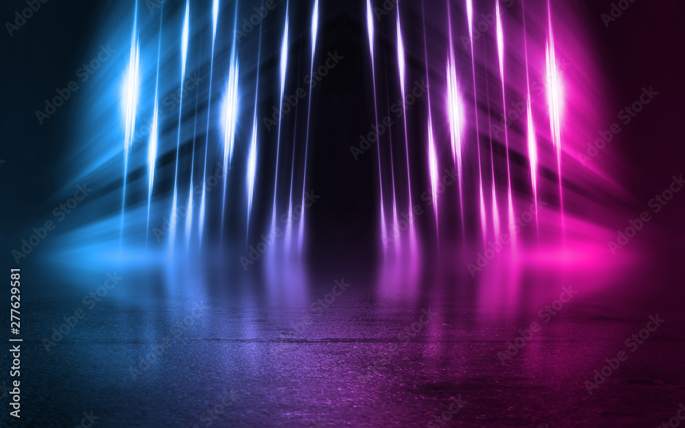 Fototapeta premium Empty background scene. Dark street reflection on wet asphalt. Rays of neon light in the dark, neon figures, smoke. Background of empty stage show. Abstract dark background.