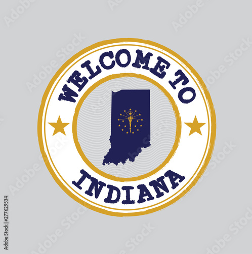 Vector Stamp of welcome to Indiana with states flag on map outline in the center.