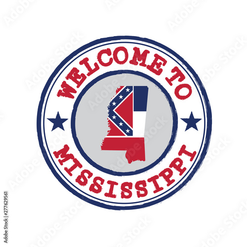 Free Download Vector Stamp of welcome to Mississippi with states flag on map outline in the center. - GFXLoad