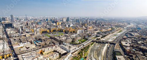 Aerial view of Lima main square, government palace of Peru and Rimac river. Panoramic cityscape with "Plaza de Armas" in the historic center of Lima.