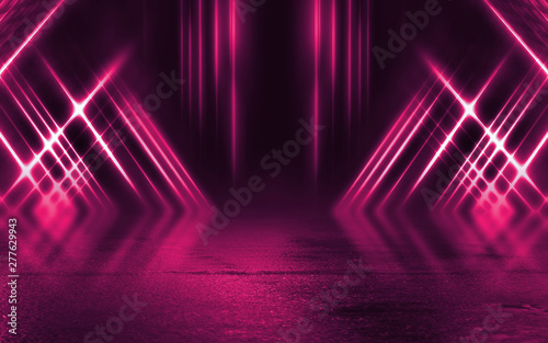 Empty background scene. Dark street reflection on wet asphalt. Rays of neon light in the dark  neon figures  smoke. Background of empty stage show. Abstract dark background.