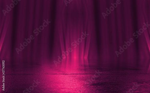 Empty background scene. Dark street reflection on wet asphalt. Rays of neon light in the dark, neon figures, smoke. Background of empty stage show. Abstract dark background.