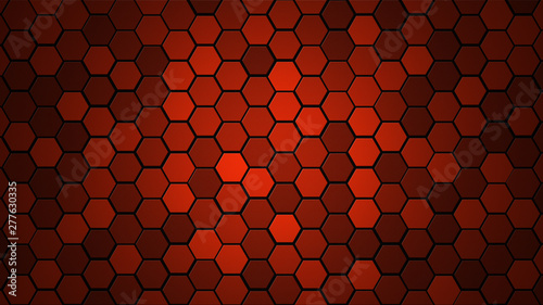 Honeycomb Grid tile random background or Hexagonal cell texture. in color Bright Red with dark or black gradient. Tecnology concept. with 4k resolution.