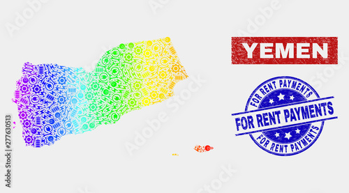 Tools Yemen map and blue For Rent Payments distress seal. Spectral gradiented vector Yemen map mosaic of industrial. Blue rounded For Rent Payments seal.