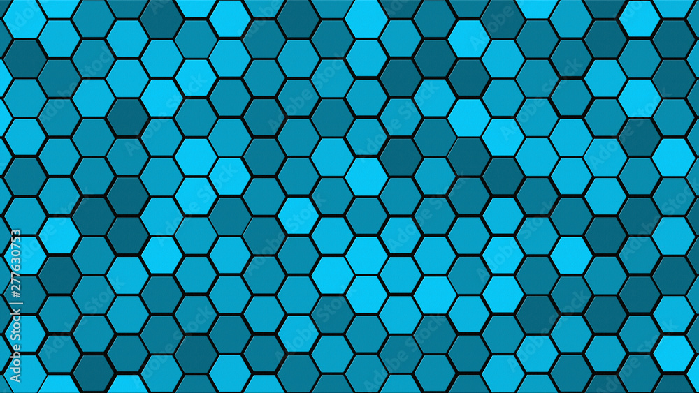 Fototapeta Honeycomb Grid tile random background or Hexagonal cell texture. in color Bright Sky Blue with dark or black gradient. Tecnology concept. with 4k resolution.