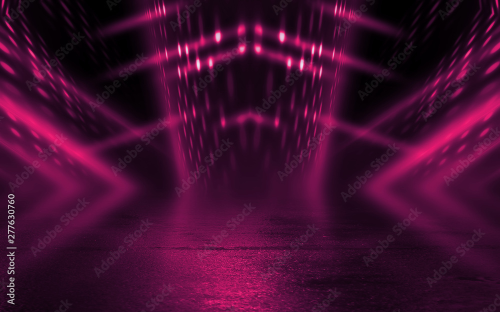Empty background scene. Dark street reflection on wet asphalt. Rays of neon light in the dark, neon figures, smoke. Background of empty stage show. Abstract dark background. Empty background scene. Dark street reflection on wet asphalt. Rays of neon light in the dark, neon figures, smoke. Background of empty stage show. Abstract dark background.
