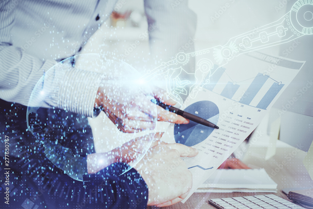 Fototapeta premium Writing man's hand with technology Ai icons.