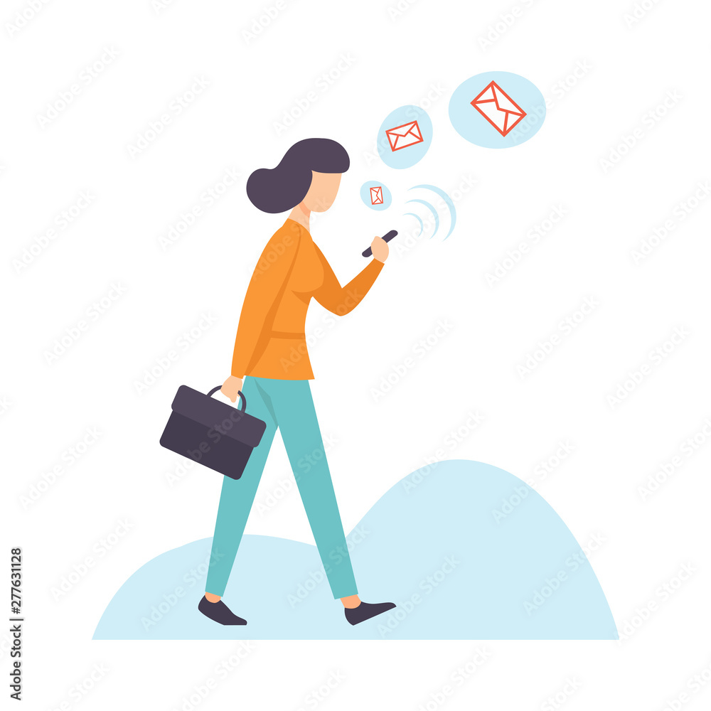 Businesswoman Chatting Using Smartphone, Woman Communicating Via Internet with Mobile Device, Social Networking Vector Illustration