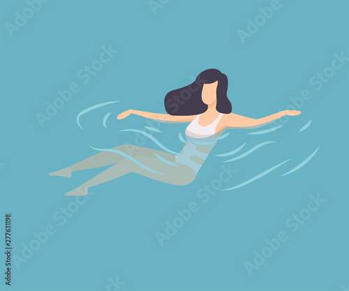 Brunette Girl in White Swimsuit Swimming in Water, Woman Relaxing in the Sea, Ocean or Swimming Pool at Summer Vacation Vector Illustration