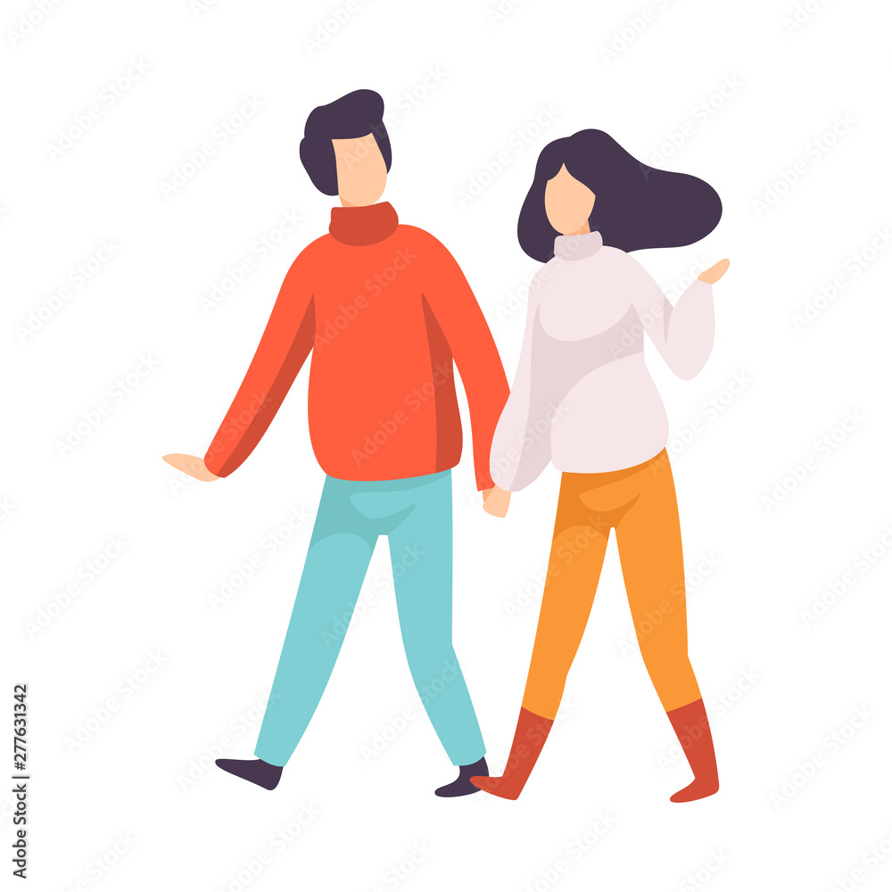 Young Couple Walking Holding Hands and Talking, People Speaking to Each Other Vector Illustration