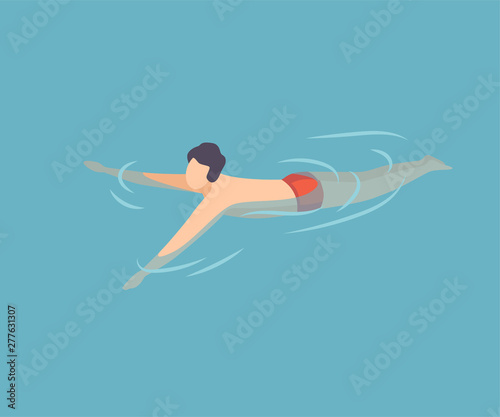 Young Man Swimming in Water, Guy Relaxing in the Sea, Ocean or Swimming Pool at Vacation, Summer Outdoor Activities Vector Illustration