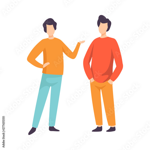 Two Young Men Dressed in Casual Clothing Standing and Talking, People Speaking to Each Other Vector Illustration