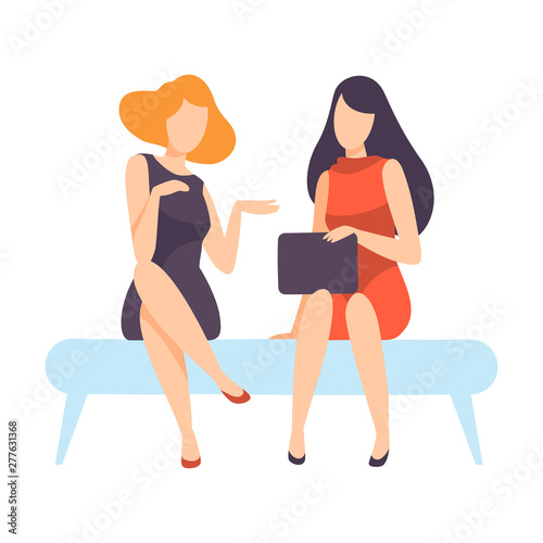 Two Young Women Dressed in Stylish Clothing Sitting on Bench and Talking, People Speaking to Each Other Vector Illustration photo