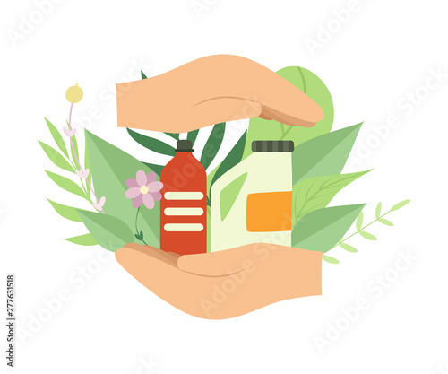 Human Hands Holding Eco Friendly Household Cleaning Supplies, Environmental Protection, Ecology Concept Vector Illustration