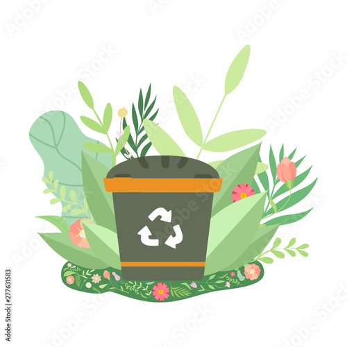 Green Recycle Bin Surrounded by Grass and Flowers, Environmental Protection, Ecology Concept Vector Illustration