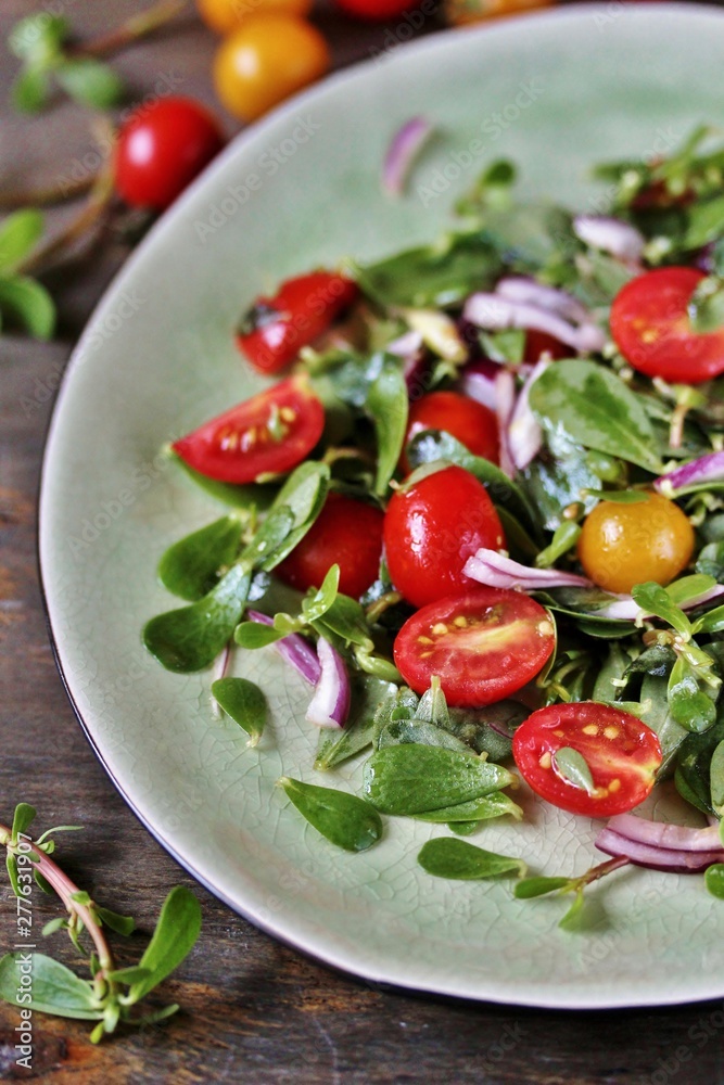 salad with purslane and cherry tomatoes. concept of organic food from the environment. edible weeds and grass. Purslane is a useful herb. eat the weeds, wild food, eat wild food, wild greens salad with purslane and cherry tomatoes. concept of organic food from the environment. edible weeds and grass. Purslane is a useful herb. eat the weeds, wild food, eat wild food, wild greens