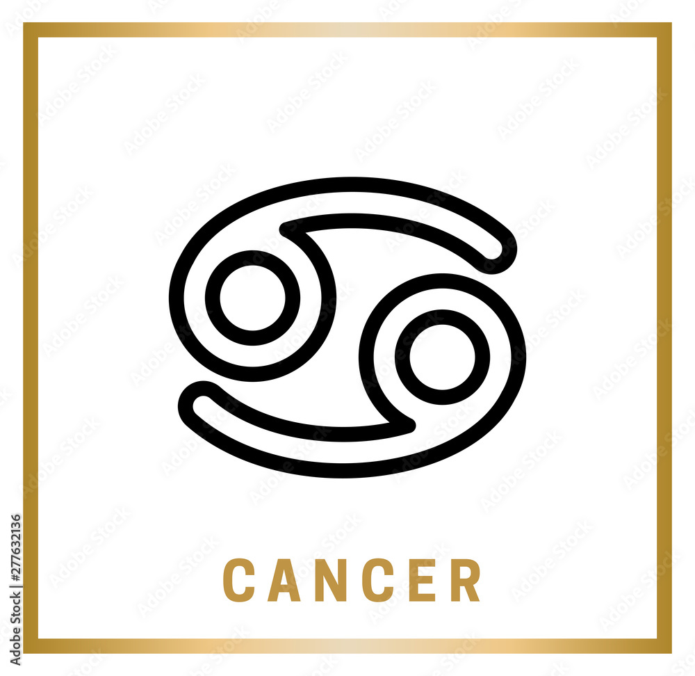 Zodiac sign Cancer. Horoscope. Isolated black icon on the white background with golden inscription. Vector illustration